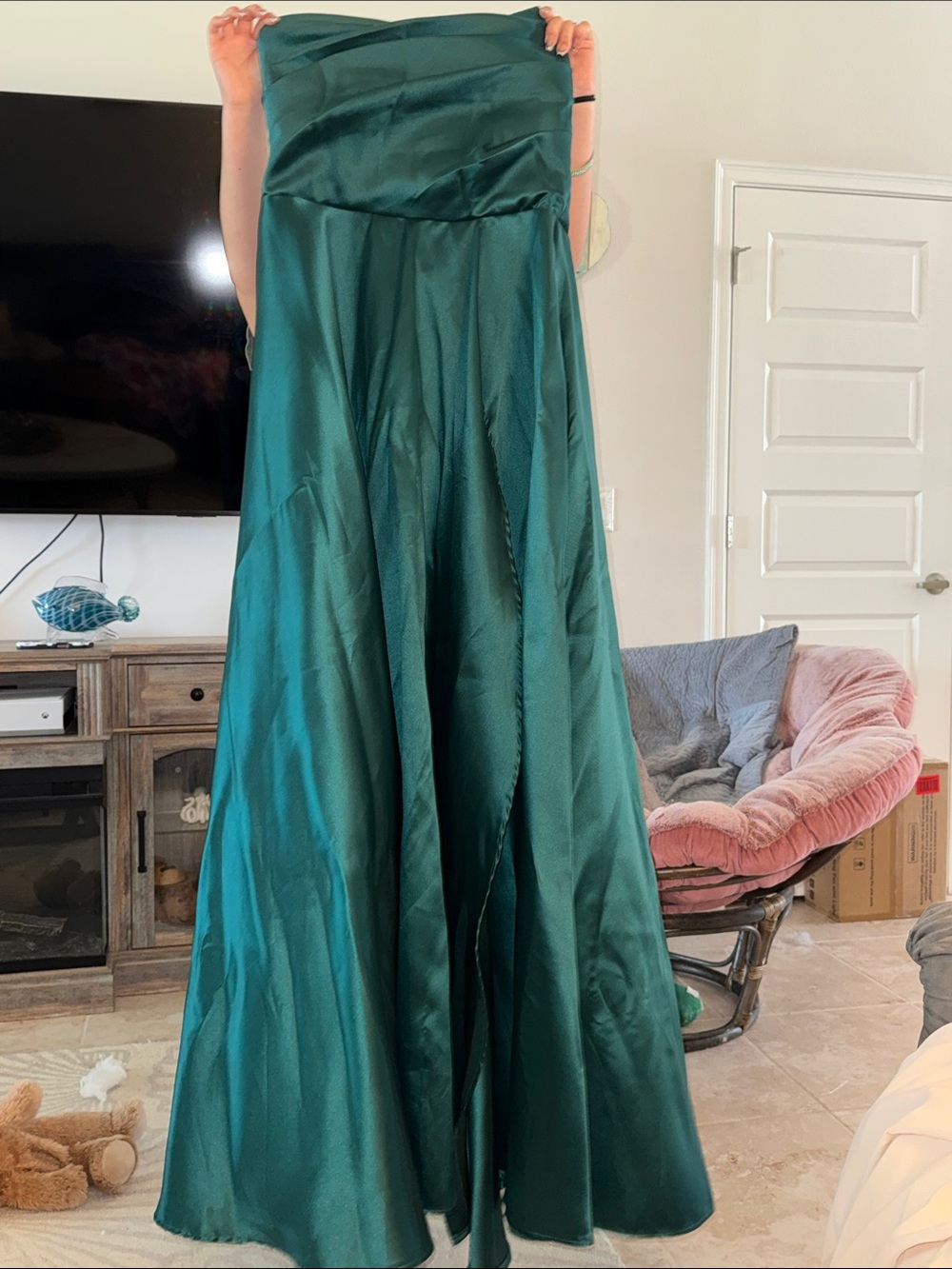 Emerald Green Satin Dress - Strapless Evening Gown Style